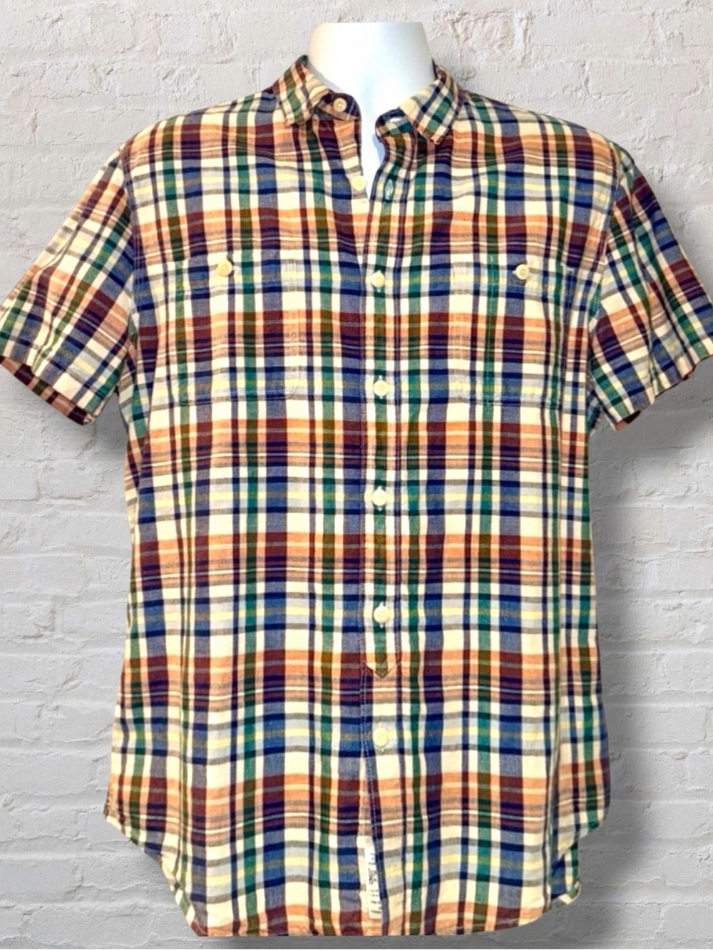 Lucky Brand Linen Blend Plaid Short Sleeve Button Shirt Large Classic Fit